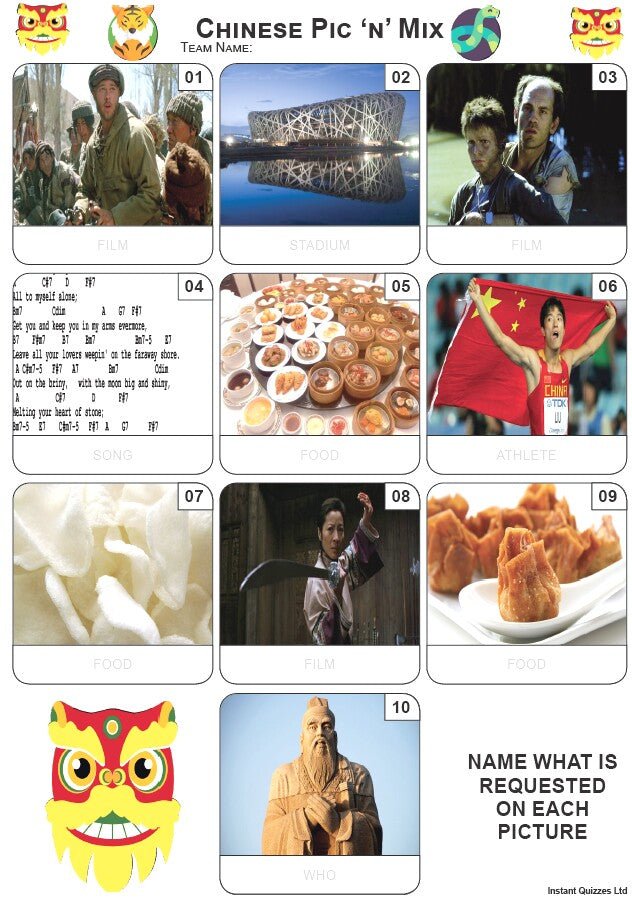 Easier Quiz Pack 3347 - Five rounds of Easier Mixed Bag/General Knowledge Questions and an Chinese Pic N Mix Picture Round.
