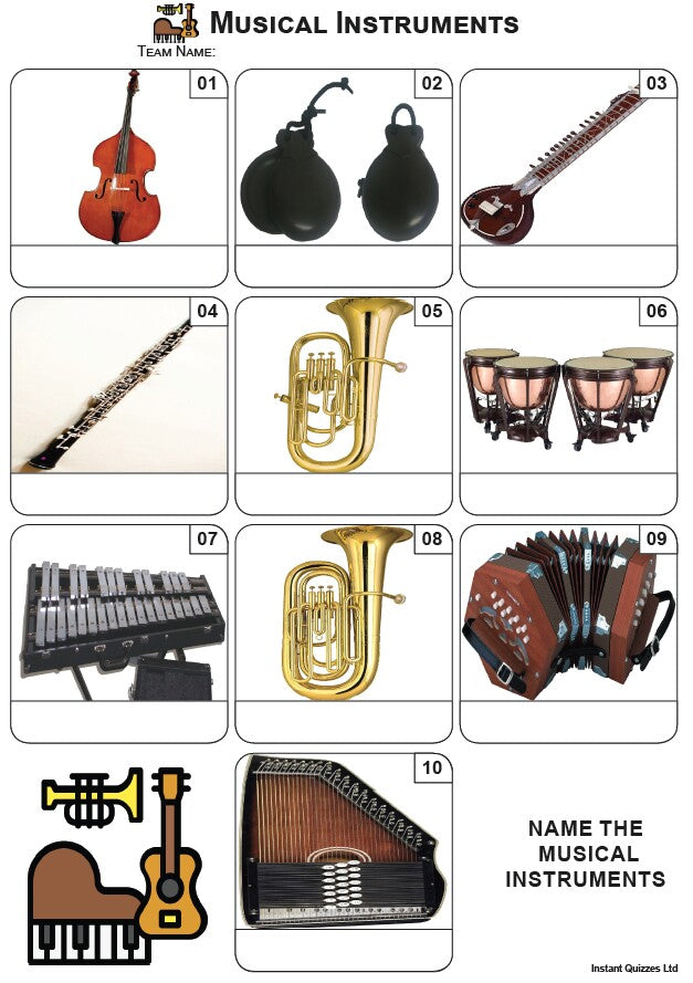 Easier Quiz Pack 3383 - Five rounds of Easier Mixed Bag/General Knowledge Questions and a Musical Instruments Picture Round.