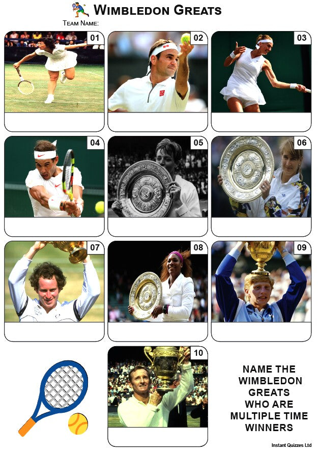 Easier Quiz Pack 3439 - Five rounds of Easier Mixed Bag/General Knowledge Questions and an Wimbledon Greats Picture Round.