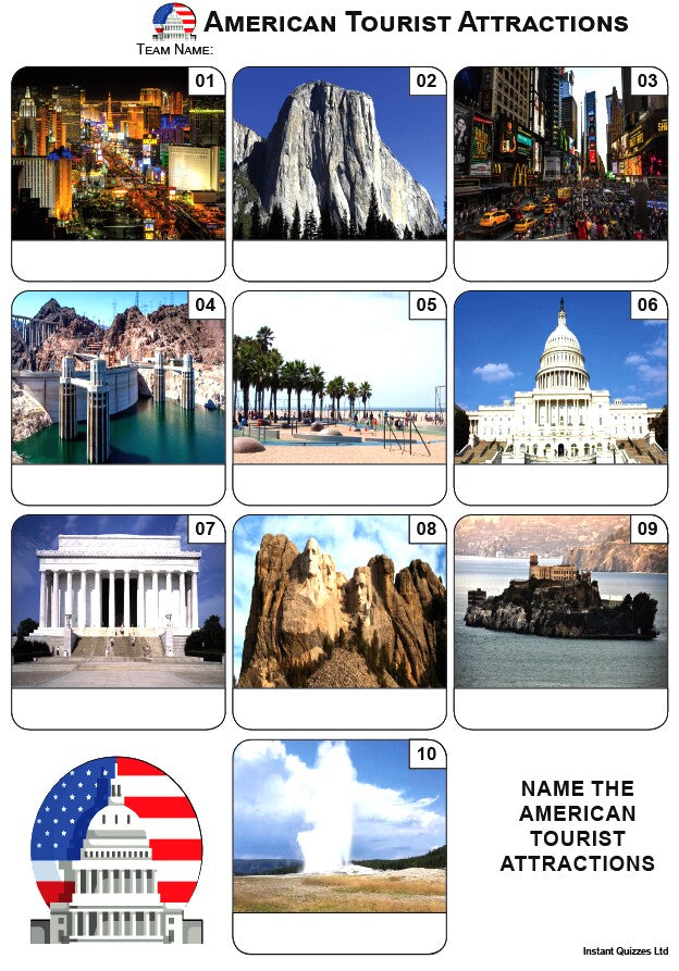 Quiz Pack 3432 - Five rounds including: Comedy, Firsts, Pop Music, Jack, Mixed Bag/General Knowledge and an American Tourist Attractions Picture Round.
