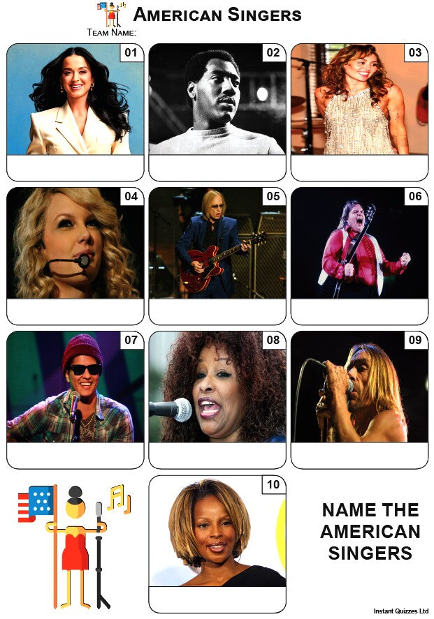 Easier Quiz Pack 3443 - Five rounds of Easier Mixed Bag/General Knowledge Questions and an American Singers Picture Round.