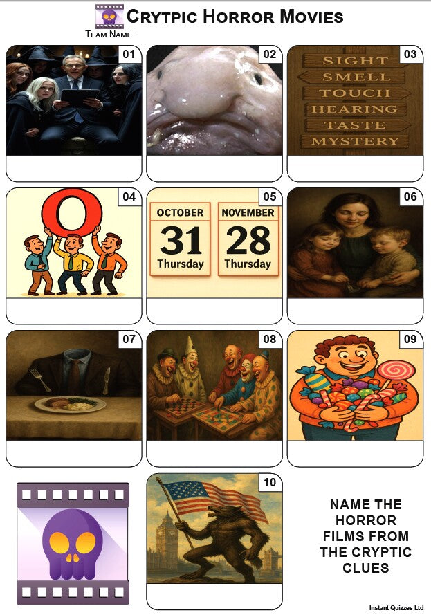 Halloween Quiz Pack 3 - QPHAL3 - Five rounds including; Witches and Witchcraft, Horror Film Characters, Scary Dolls, Vampires,Mixed Bag/General Knowledge and a Cryptic Horror Movies Picture Round.