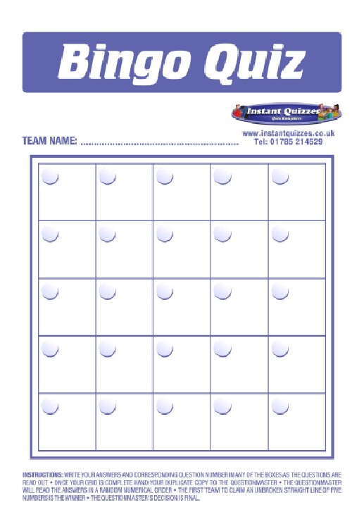 Free Bingo Quiz Answer Sheets