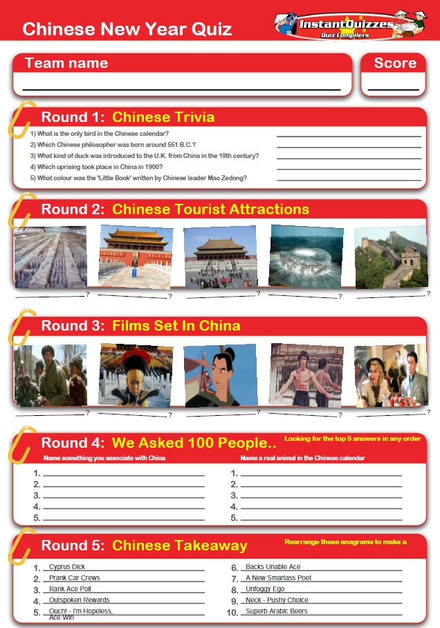 Chinese New Year Handout Quiz