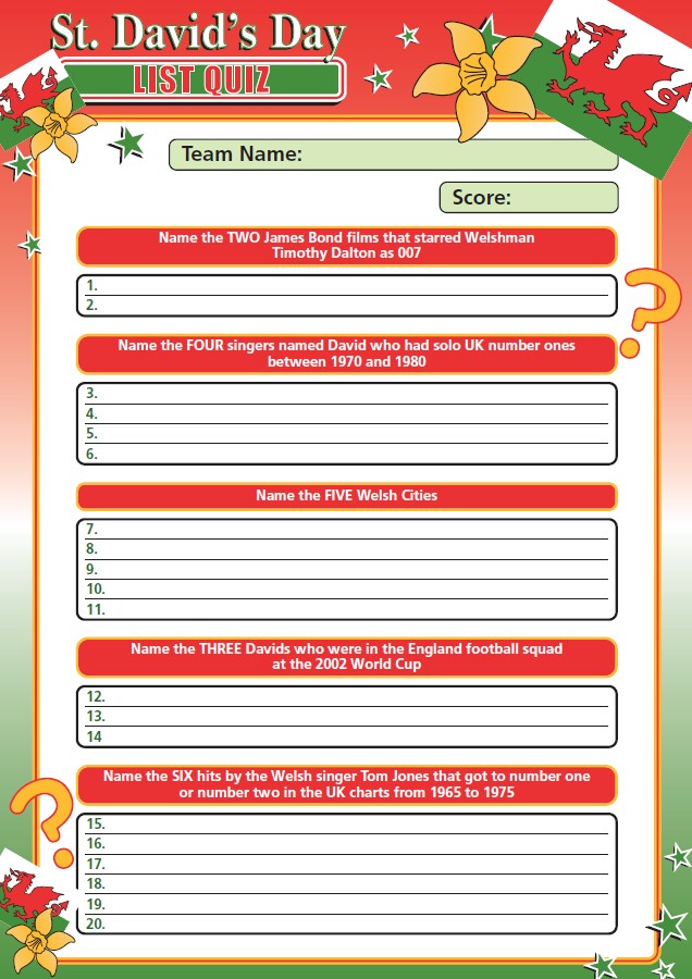 Saint David's Day List Quiz - DAVLIST