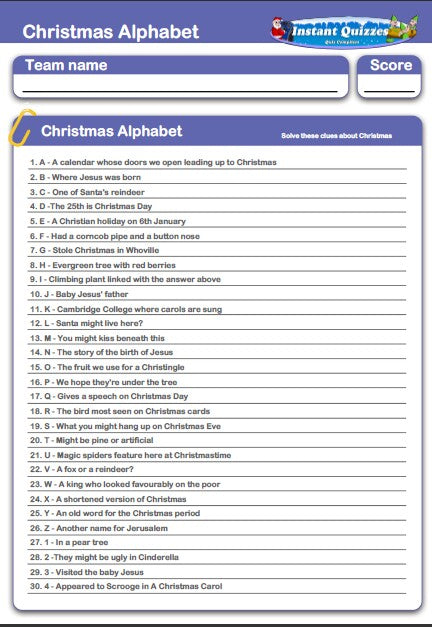 Children's Christmas Alphabet Handout Quiz - H208