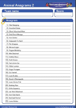 Animal Anagrams Handout Quiz 2