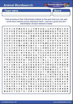 Animal Wordsearch Handout Quiz