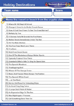 Cryptic Holiday Destinations Handout Quiz