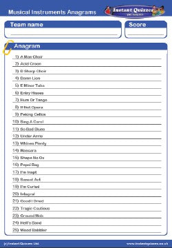 Musical Instruments Anagrams Handout Quiz