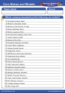 Cars Makes and Models Handout Quiz