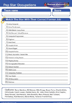 Pop Star Occupations Handout Quiz