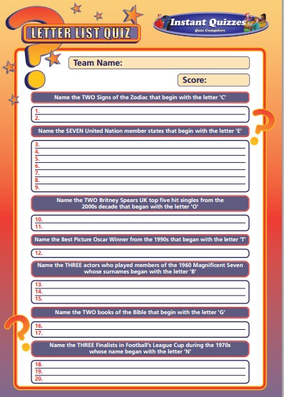 Handout Quiz 221 - Letter List Quiz