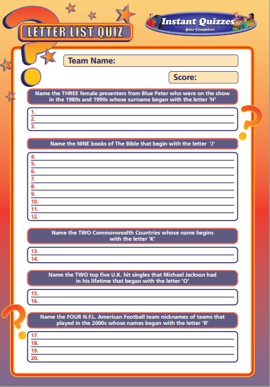 Handout Quiz 223 - Letter List Quiz