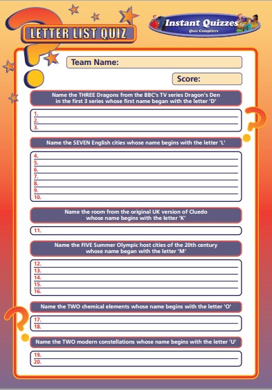 Handout Quiz 225 - Letter List Quiz