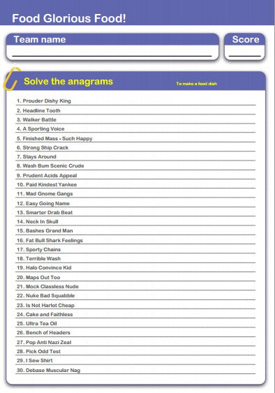 Food Anagrams Handout Quiz