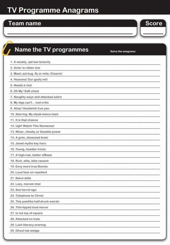 TV Programmes Anagrams Handout Quiz