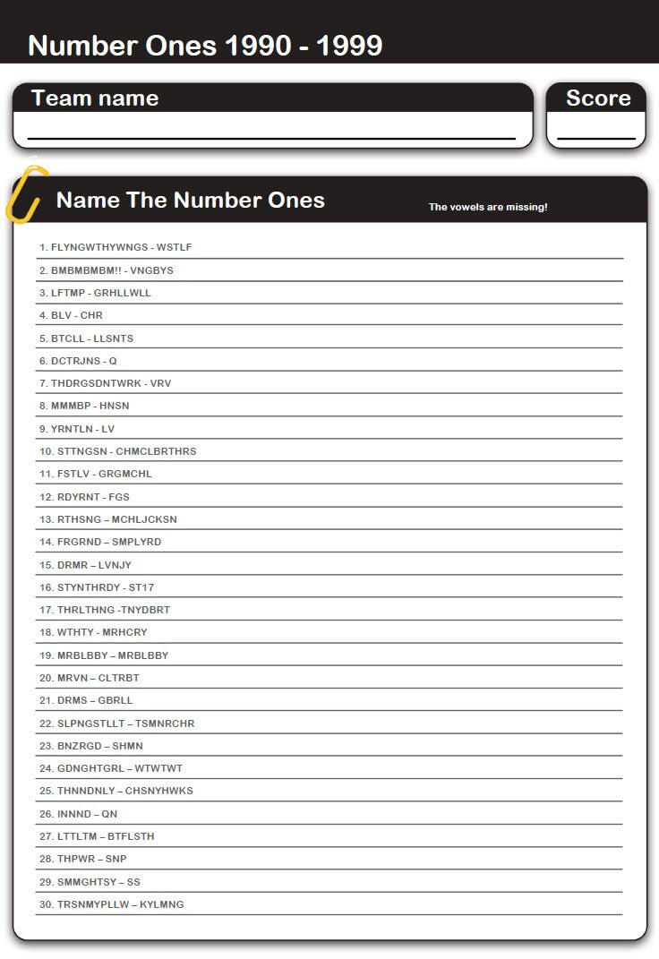 Number Ones 1990 - 1999 Missing Vowels