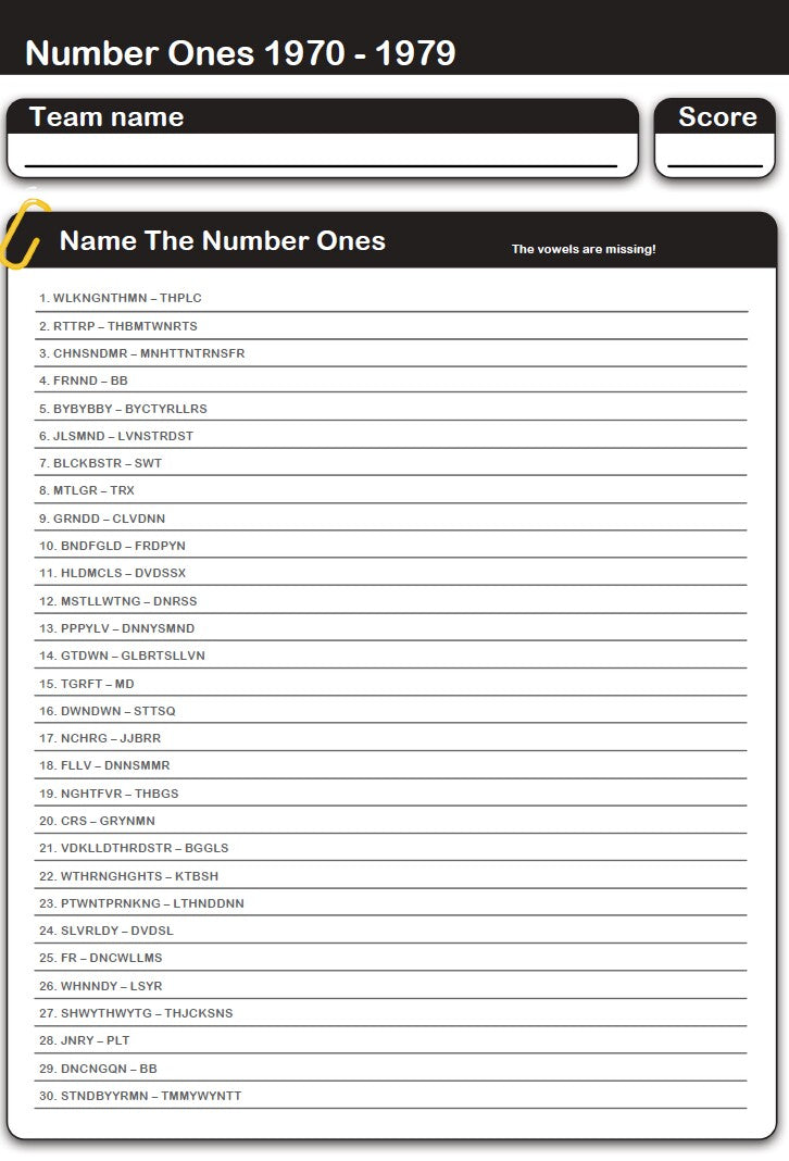 Number Ones 1970 - 1979 Missing Vowels