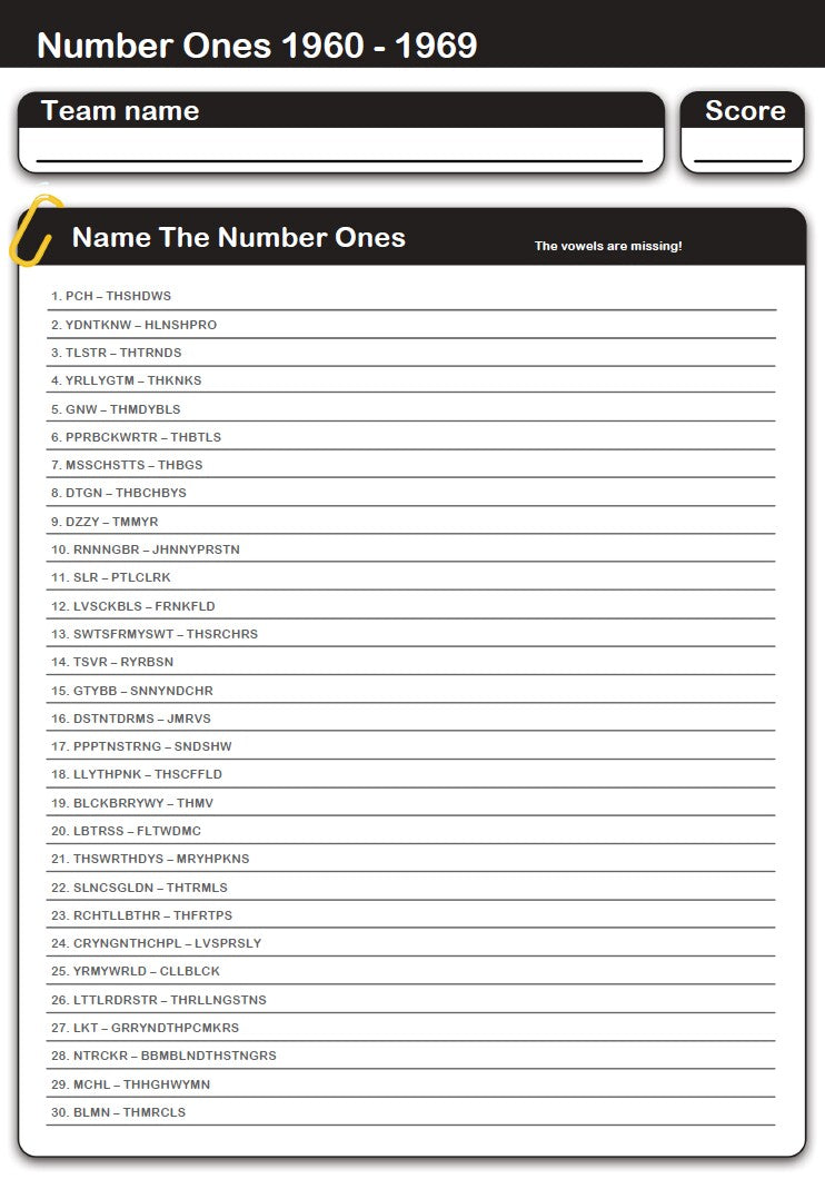 Number Ones 1960 - 1969 Missing Vowels