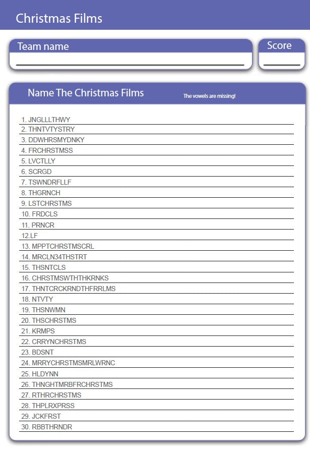 Christmas Films - Missing Vowels - H280