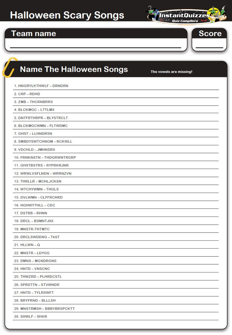 Halloween Scary Songs - Missing Vowels