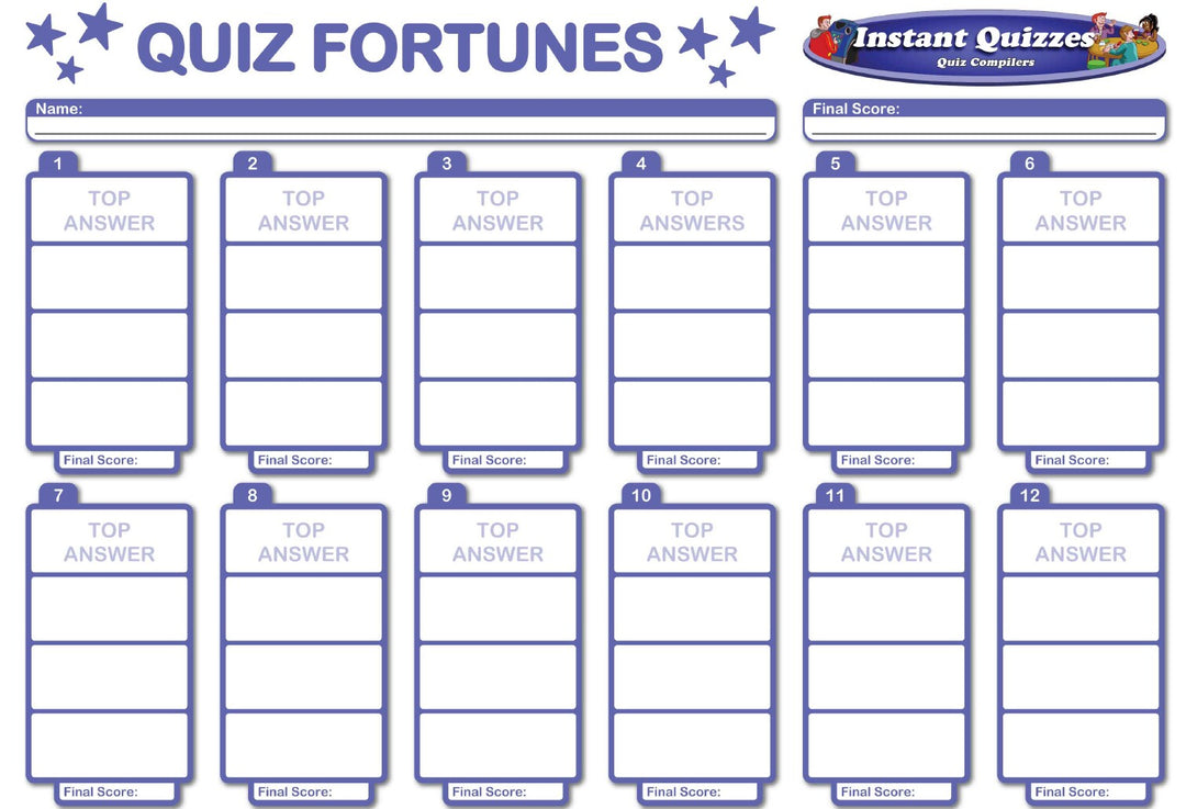 Quiz Fortunes Pack 350 - 12 Family Fortunes style questions for a fun pub quiz night - with full instructions