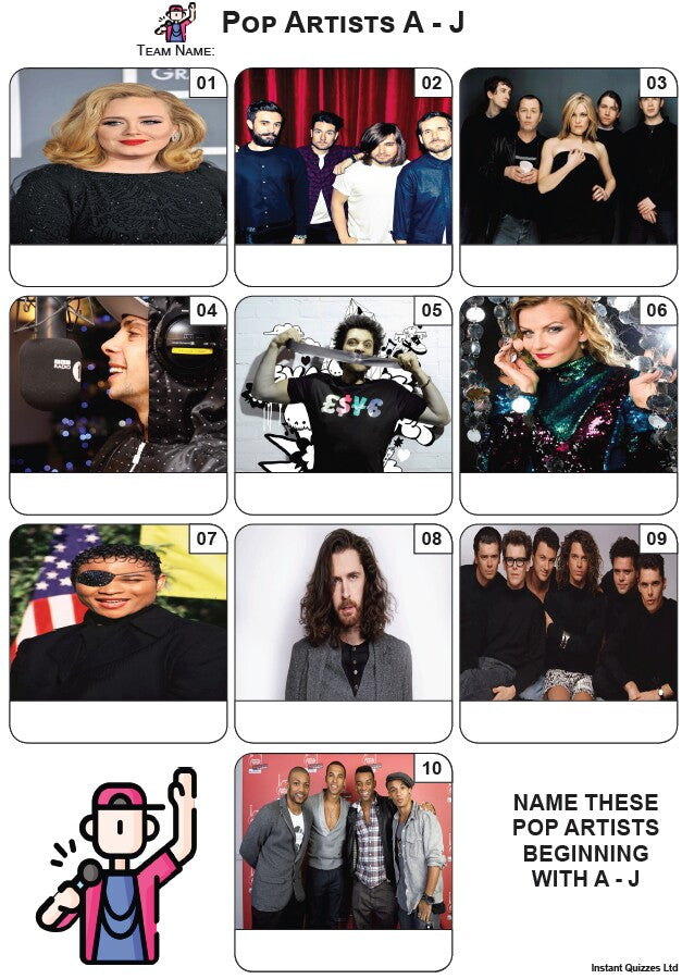 Pop Artists A - J Mini Picture Quiz - Z3969