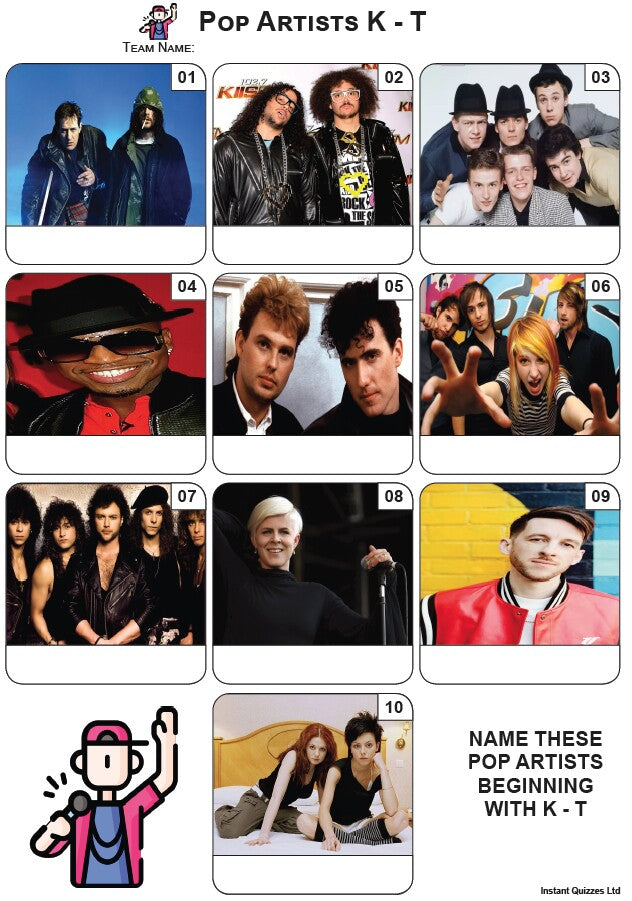 Pop Artists K - T Mini Picture Quiz - Z3970