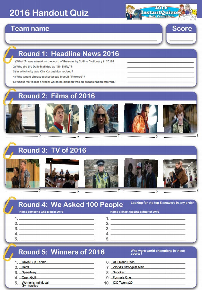 2016 Printable Quiz 2