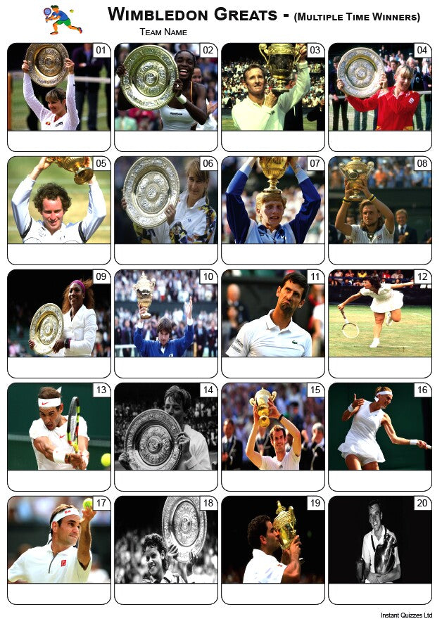 The Big Quiz Pack 3438 - Five rounds including; Pop Music, Geography, Sport, TV. Mixed Bag/General Knowledge Questions and an Wimbledon Greats Picture Round.