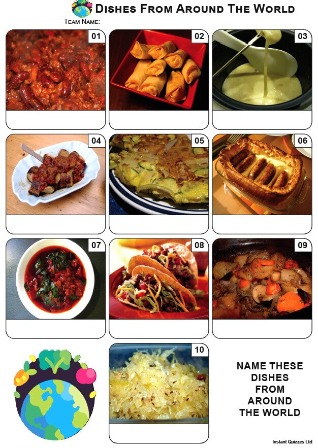 Easier Quiz Pack 3499 - Five rounds of Easier Mixed Bag/General Knowledge Questions and a Dishes From Around The World Picture Round.
