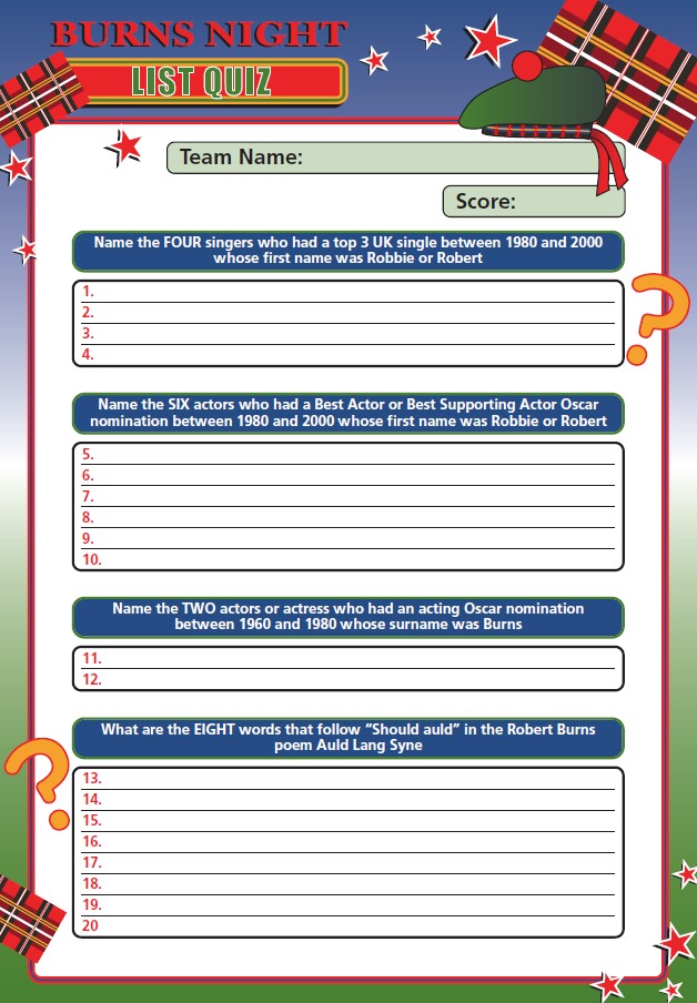 Burns Night List Quiz - BURNSLIST