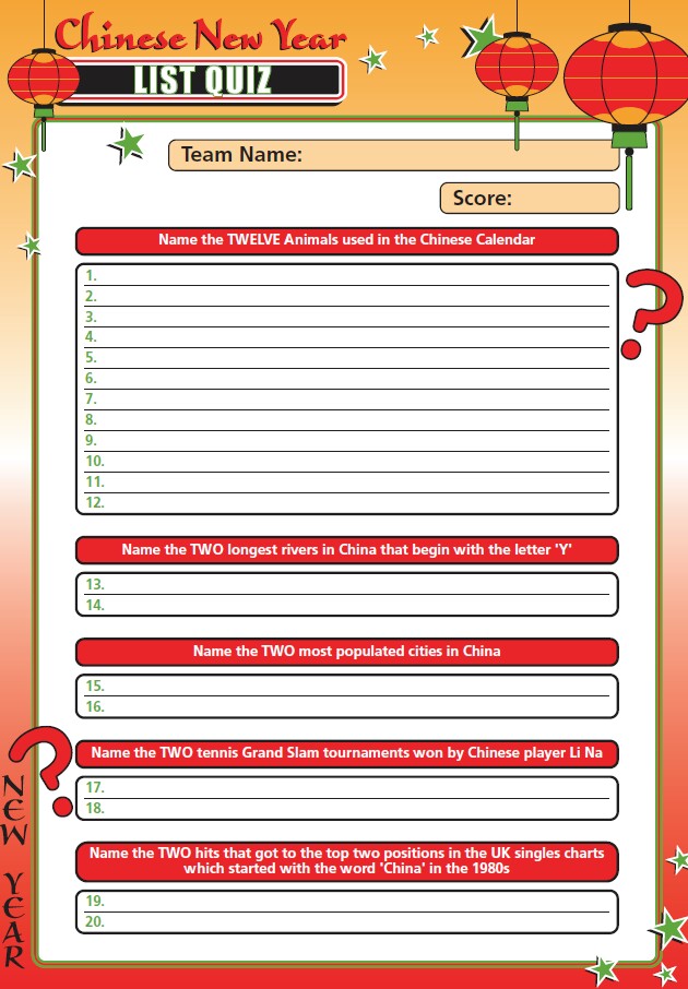 Chinese New Year List Quiz