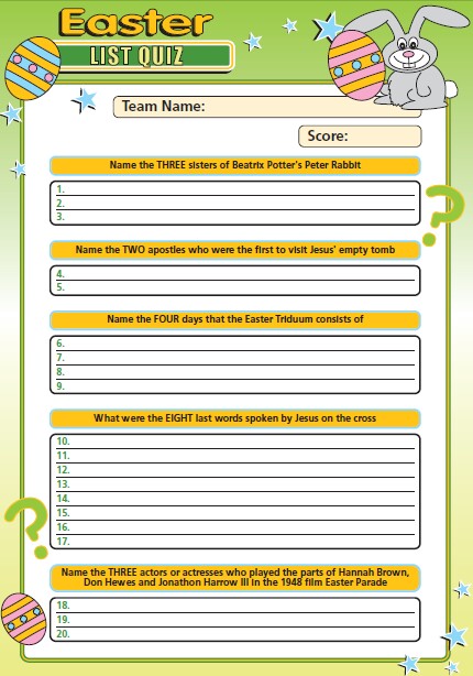 Easter List Quiz - EASTLIST