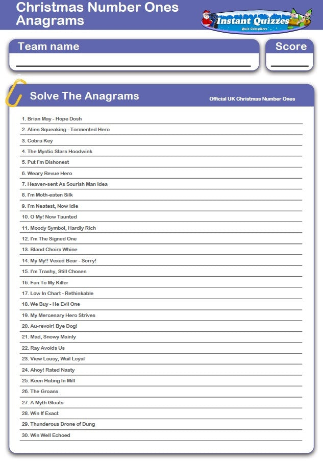 Christmas Number Ones Anagrams Handout Quiz