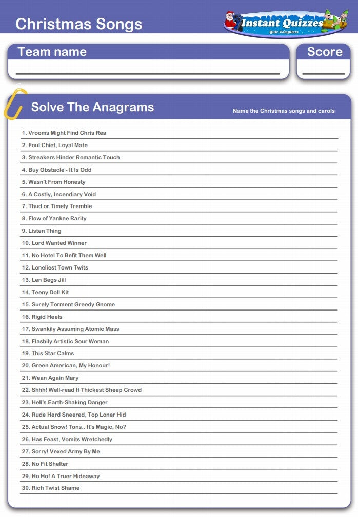 Christmas Songs and Carols Anagrams Handout Quiz - H257