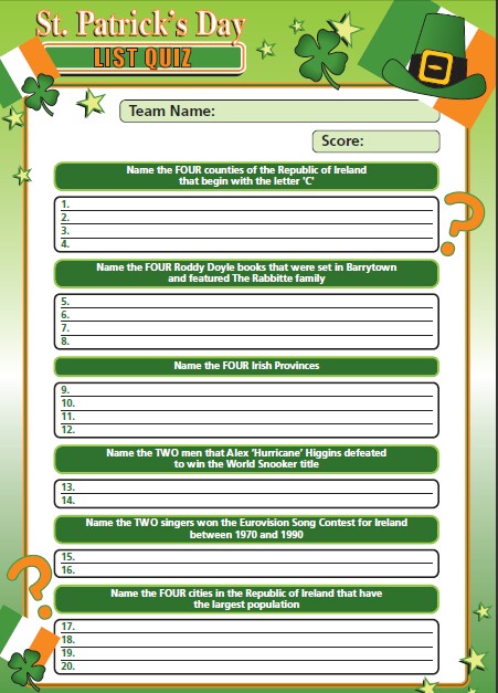 Irish Rizzes Irish themed Saint Patrick's Day List Quiz - A table quiz round to ...