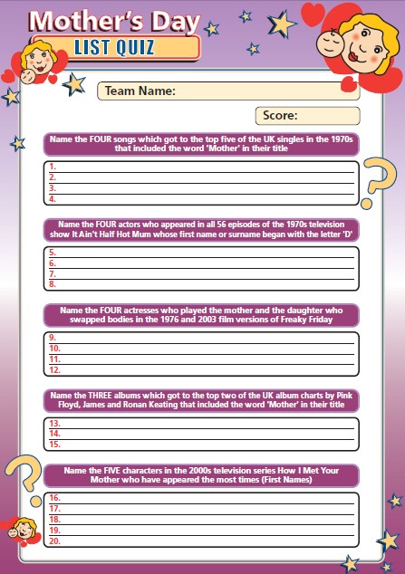 Mothers' Day List Quiz