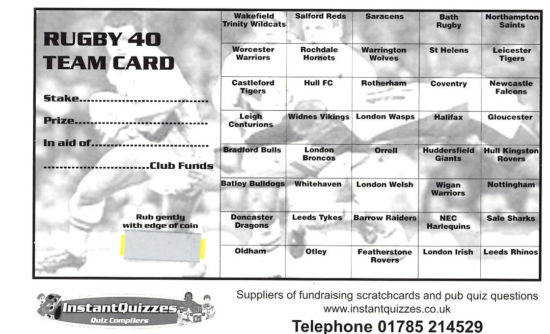 40 Square Rugby Scratchcards