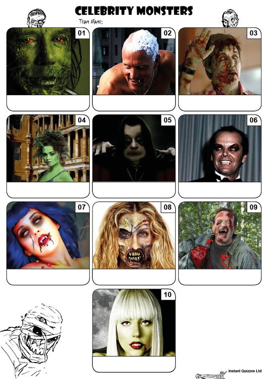 Celebrity Monsters - Printable Halloween Picture Quiz – Instant Quizzes